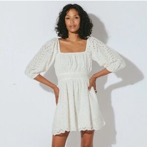CleoBella Aria Mini Dress White Small Long Sleeve Embroidered Eyelet Tasseled